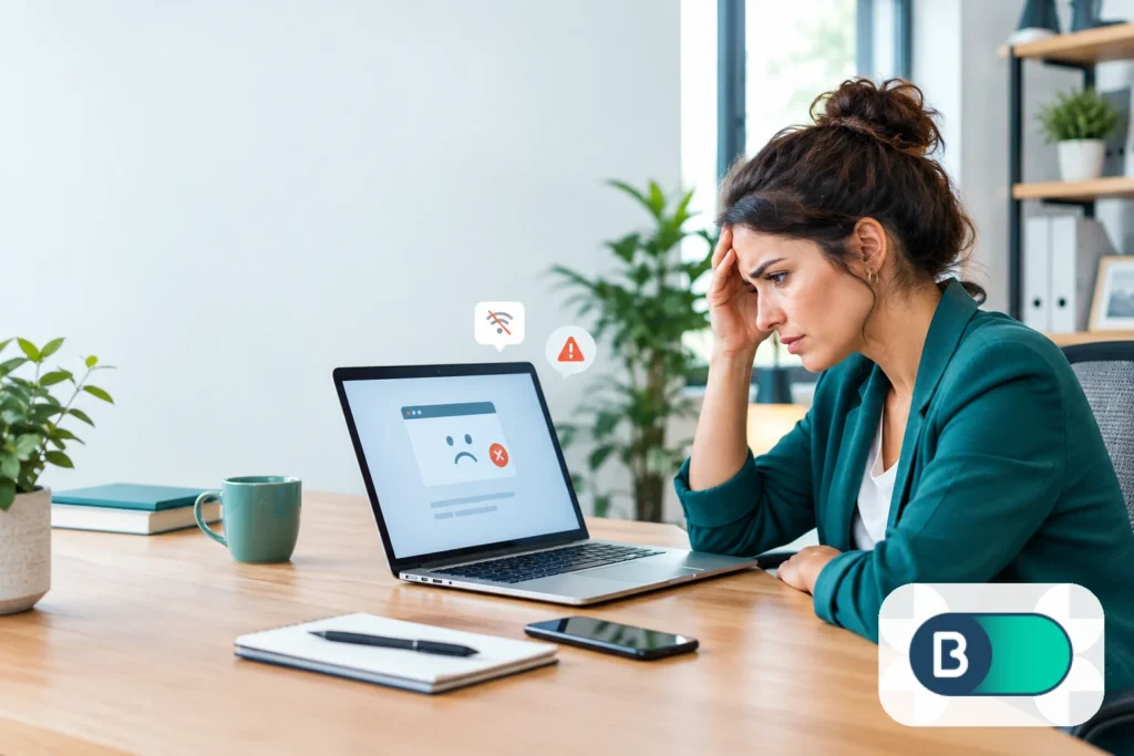 Propietario de una empresa revisando una web con errores en su portátil
